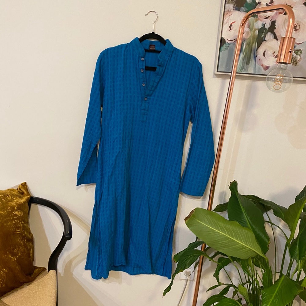 Blue Embroidered Long Tunic Top- Slits on The Side